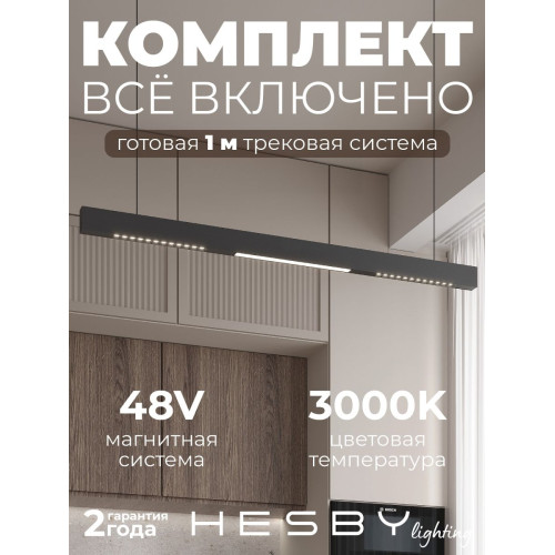 Трековая система со светильниками №8 трехфазная подвесная Eldeko (48В, форма - прямая, 1м, 3000K) черная Hesby Lighting HSBL_kompl_E008_PI1B3K